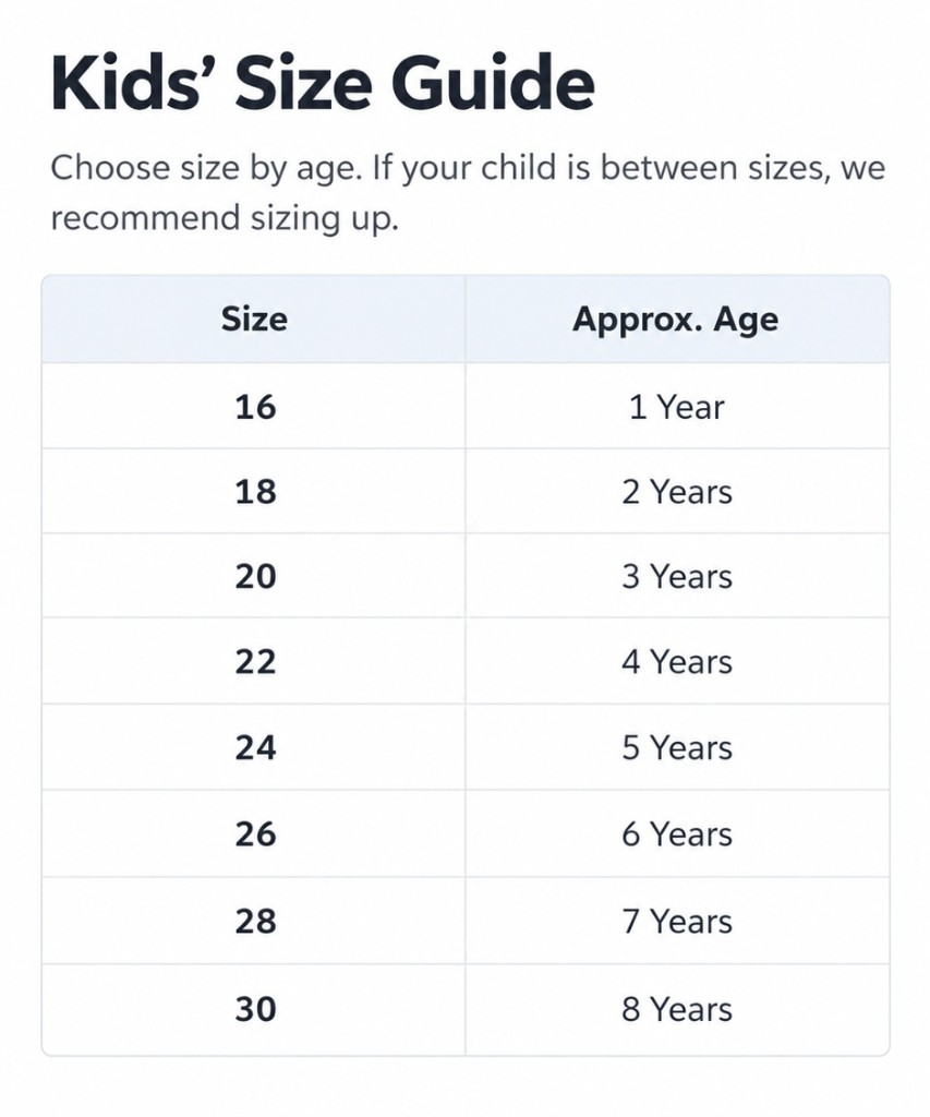 Kids' size guide: size 16 is about 1 year, 18 is 2 years, 20 is 3 years, 22 is 4 years, 24 is 5 years, 26 is 6 years, 28 is 7 years, 30 is 8 years